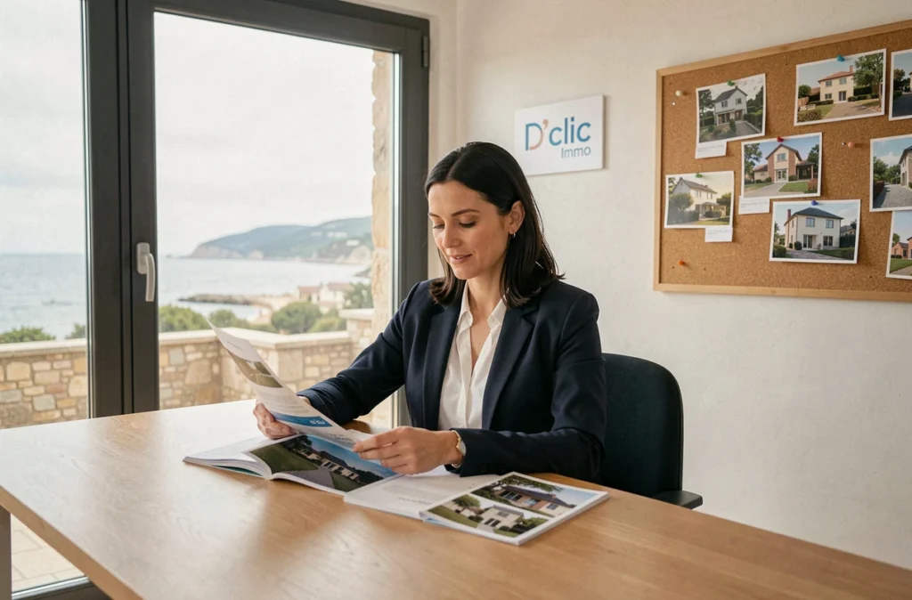 Conseillère de l'agence D'clic Immo à Saint-Gilles-Croix-de-Vie examinant des dossiers de biens immobiliers dans son bureau