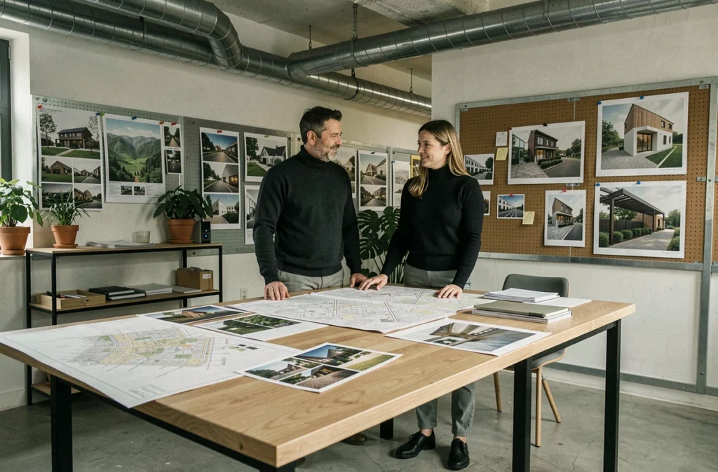 Deux architectes de l'agence DEAR collaborent autour d'une table de travail dans leur studio rennais