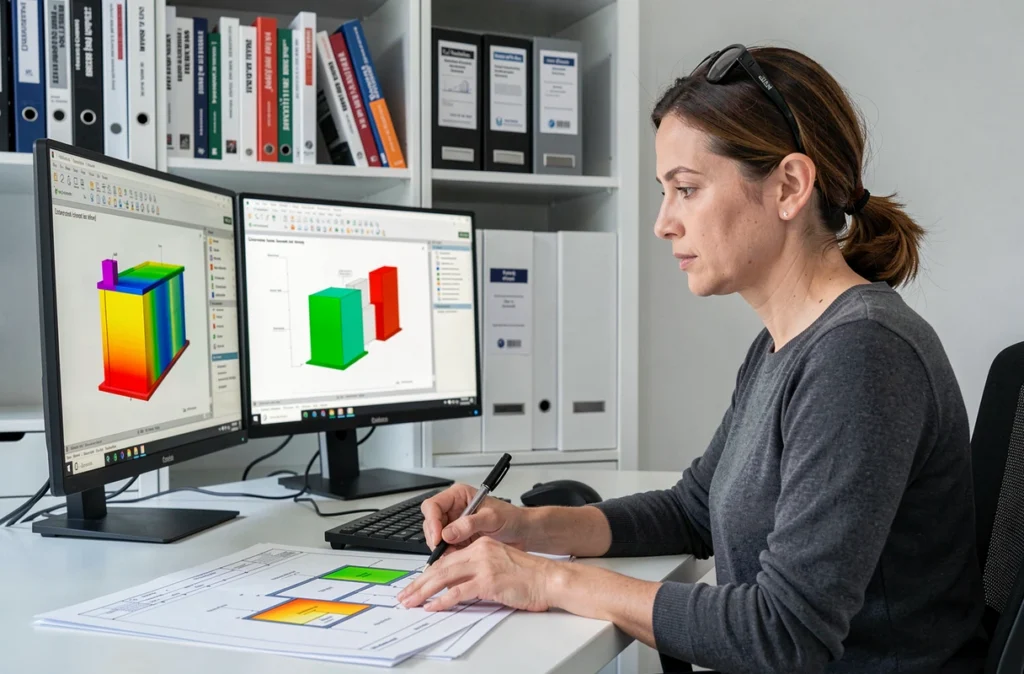 Ingénieure en études énergétiques de l'entreprise DRMN travaillant sur des simulations thermiques dans un bureau à Toulouse