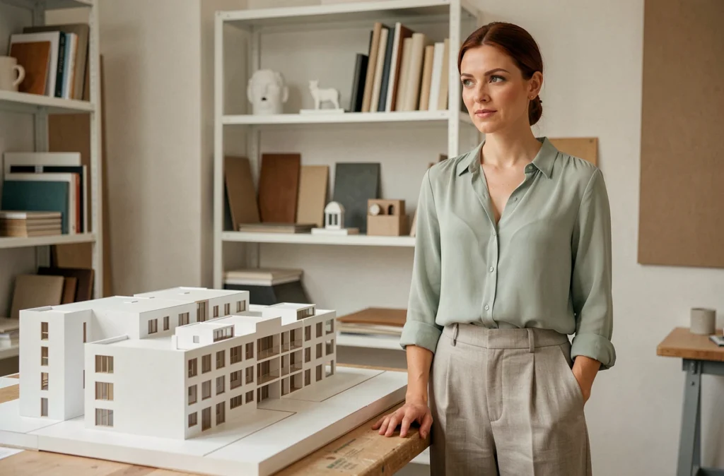 Elsa Mut architecte présentant une maquette de projet résidentiel dans son agence d'architecture