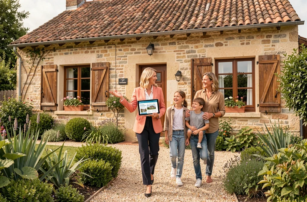 Conseillère de Human Immobilier faisant visiter une maison vendéenne en pierre à une famille dans le jardin
