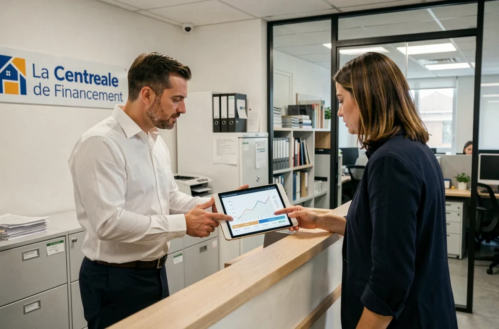 Conseiller de La Centrale de Financement présentant une simulation de prêt immobilier à un client