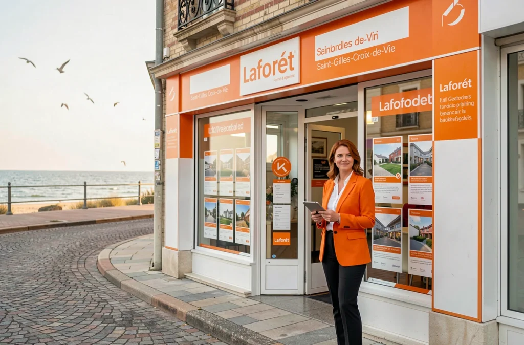Devanture de l'agence Laforêt à Saint-Gilles-Croix-de-Vie avec une conseillère devant la façade orange et blanche