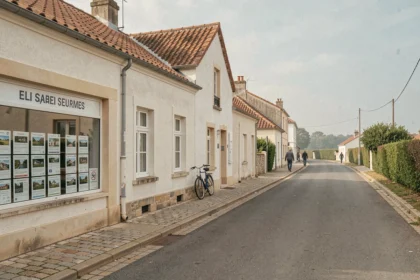 Vue d'une rue vendéenne avec une vitrine d'agence immobilière et des maisons traditionnelles blanches en arrière-plan