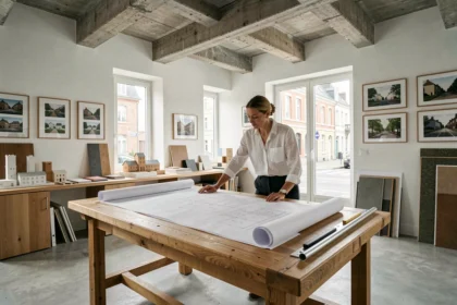 Un architecte examine des plans dans un atelier d'architecture contemporain à Rennes, Ille-et-Vilaine