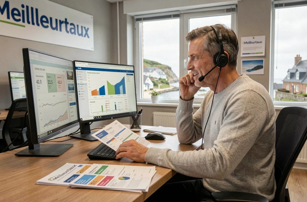Conseiller Meilleurtaux en train de comparer des taux de crédit immobilier pour un client du Morbihan
