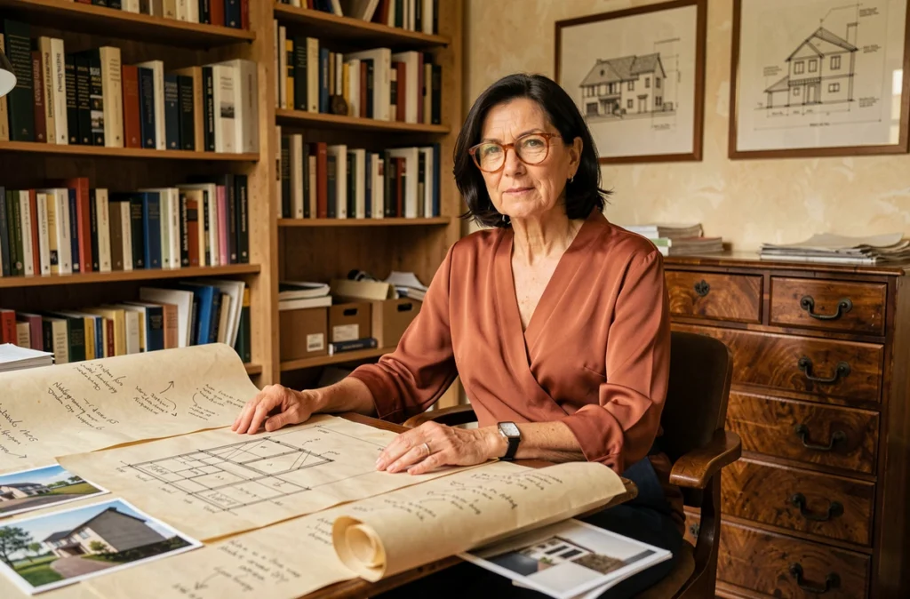 Nadège Tanguy architecte DPLG dans son studio, entourée de croquis annotés et de références de projets