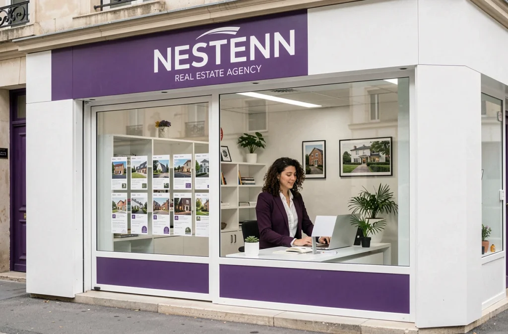 Vitrine d'une agence Nestenn avec une conseillère en blazer violet travaillant à son bureau derrière la façade vitrée