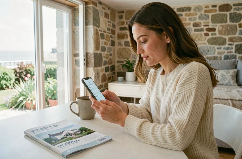 Jeune femme utilisant l'application Pretto pour simuler un prêt immobilier depuis son domicile dans le Morbihan
