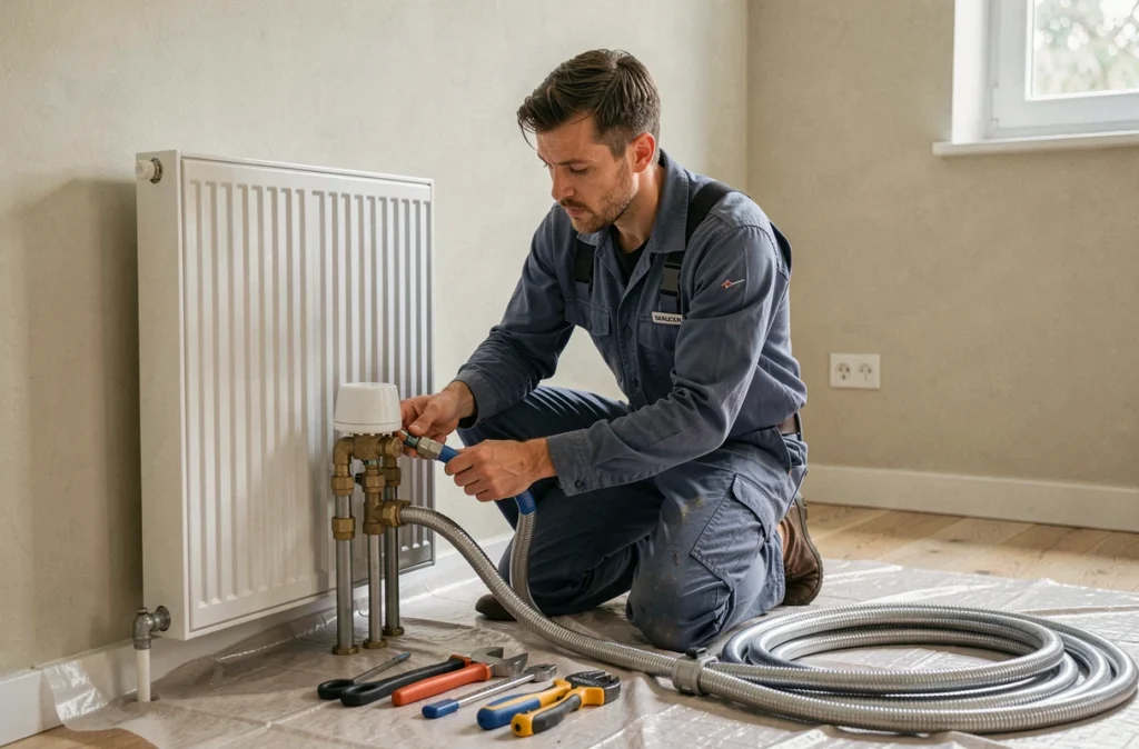 Plombier de RCO Plomberie installant un système de chauffage performant avec robinets thermostatiques dans une maison rénovée à Toulouse