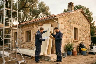 Équipe de professionnels inspectant la façade d'une maison ancienne en Haute-Garonne pour un projet de rénovation énergétique