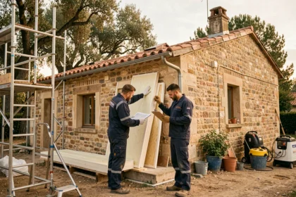 Équipe de professionnels inspectant la façade d'une maison ancienne en Haute-Garonne pour un projet de rénovation énergétique