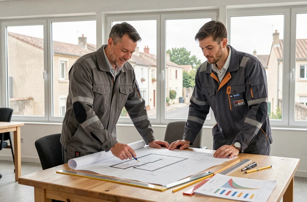 Équipe de la SCOP-SARL Enzo et Rosso étudiant des plans d'architecture et de performance énergétique dans leur bureau à Muret