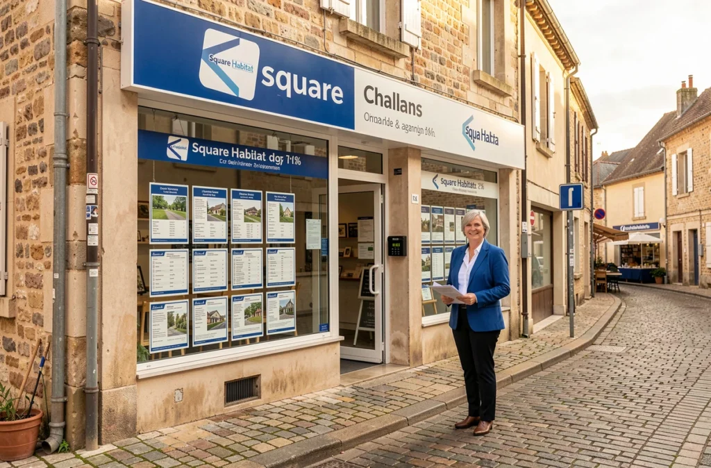 Façade de l'agence Square Habitat à Challans avec une conseillère devant la vitrine de présentation des biens