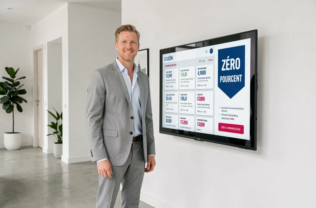 Agent de l'agence Zéro Pourcent à Luçon présentant des annonces immobilières sans commission sur un écran numérique