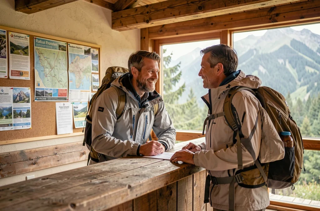 Couple de randonneurs s'enregistrant à la réception d'un camping de montagne avec vue sur une vallée forestière