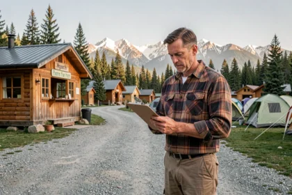 Gérant de camping à la montagne examinant des documents à l'entrée du site avec des chalets en bois et des sommets enneigés en arrière-plan